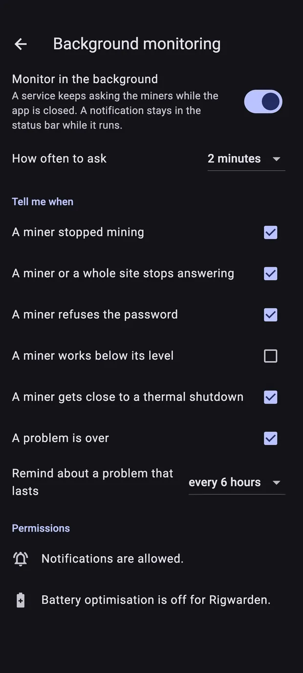 Background monitoring settings on Android