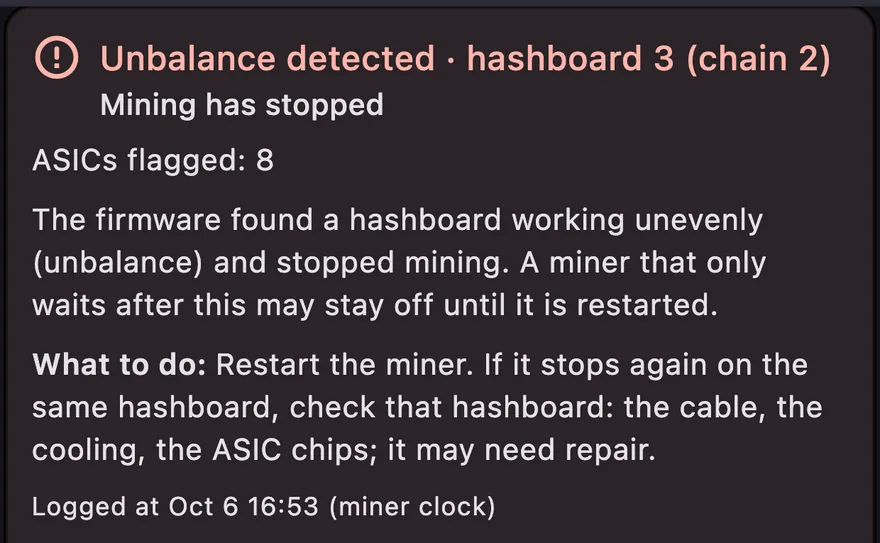 The diagnosis: unbalance detected on hashboard 3, mining has stopped, what to do