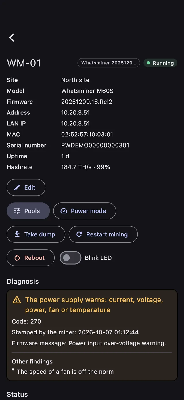 A Whatsminer M60S with error code 270 named