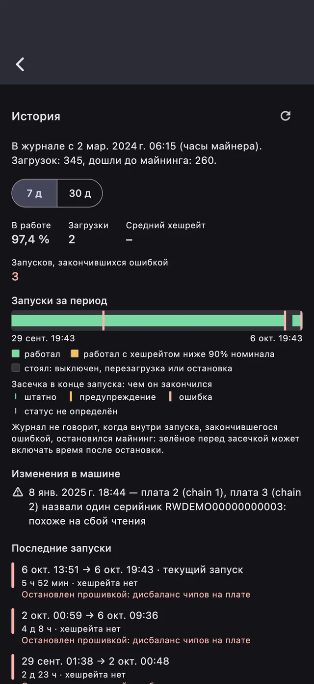 История запусков майнера